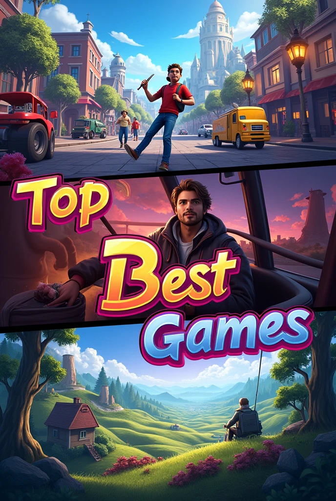 Here's a prompt for your YouTube thumbnail:
**"A vibrant and dynamic thumbnail featuring three different simulator games. Show each game's distinct visuals, like a city-building scene, a driving simulator, and a farming landscape. The title 'Top Best 3 Simulator Games' should be bold and eye-catching, with a bright color scheme that contrasts with the game visuals. Include a subtle glow or outline around the title to make it pop, and consider using a character or avatar from one of the games to add a personal touch."**