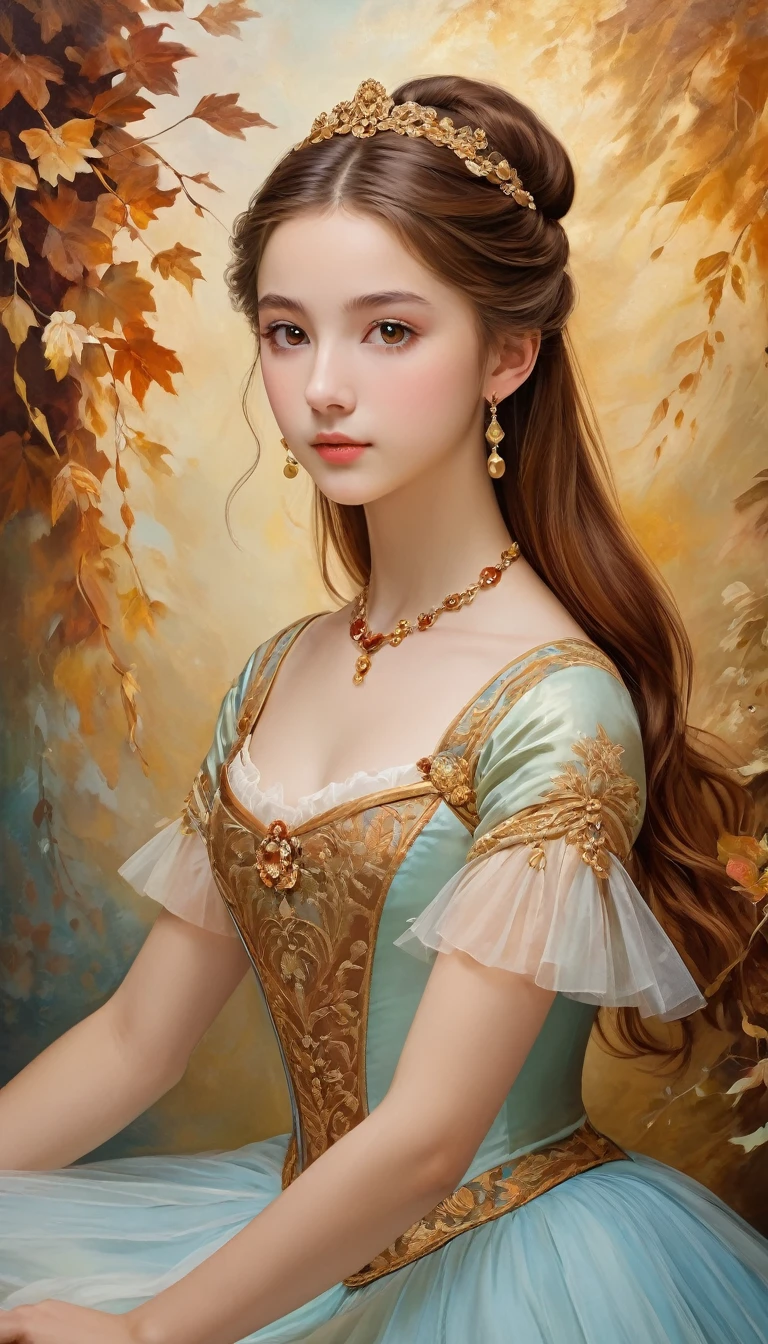 (high resolution,masterpiece:1.2),(Practical:1.37)"(best quality, high resolution, Very detailed, Practical),Beautiful portrait of a 16-year-old French ballerina from the 19th century, (She is half Scottish,Half Japanese., She is a beautiful woman,With brown eyes and a high nose.:1.1), Exquisite ballet costumes, Detailed facial features, Slender and graceful neck, amber necklaces, Flowing chestnut hair, Calm and elegant posture, Soft and delicate lighting, Classical oil painting material, Vibrant colors, Delicate background with earthy patterns", Dreamy atmosphere, Surrealism,Mysterious atmosphere