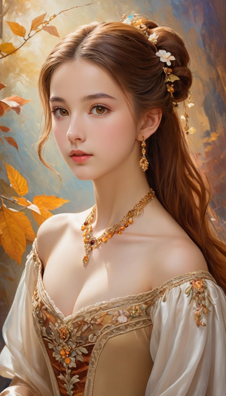 (high resolution,masterpiece:1.2),(Practical:1.37)"(best quality, high resolution, Very detailed, Practical),Beautiful portrait of a 16-year-old French ballerina from the 19th century, (She is half Scottish，Half Japanese., She is a beautiful woman，With brown eyes and a high nose.:1.1), Exquisite ballet costumes, Detailed facial features, Slender and graceful neck, amber necklaces, Flowing chestnut hair, Calm and elegant posture, Soft and delicate lighting, Classical oil painting material, Vibrant colors, Delicate background with earthy patterns", Dreamy atmosphere, Surrealism,Mysterious atmosphere