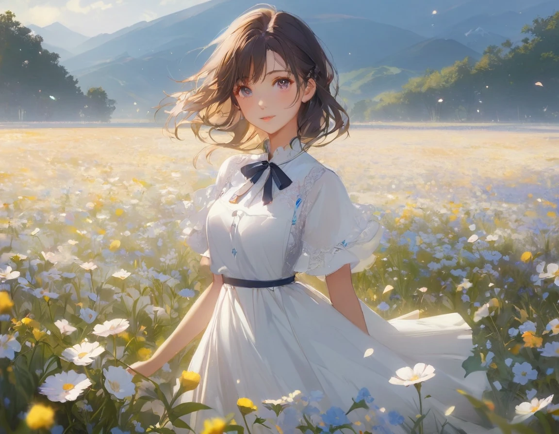 anime girl in a field of flowers with mountains in the background, beautiful anime girl, beautiful anime portrait, beautiful anime, artwork in the style of guweiz, beautiful anime artwork, beautiful anime art, guweiz, in a field of flowers, cute anime waifu in a nice dress, beautiful anime woman, beautiful anime style, pretty anime girl, young anime girl