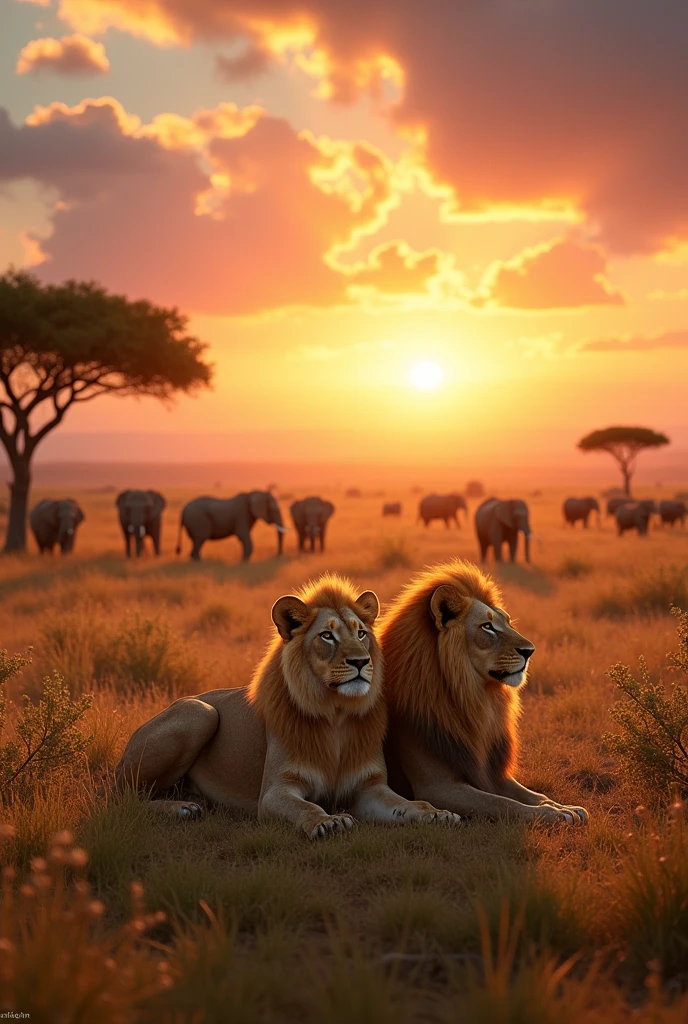 AI Image Prompt:** "A breathtaking wildlife scene in Tanzania with a pride of lions basking in the golden light of the African savanna, a herd of elephants in the distance, and a dramatic sunset sky."