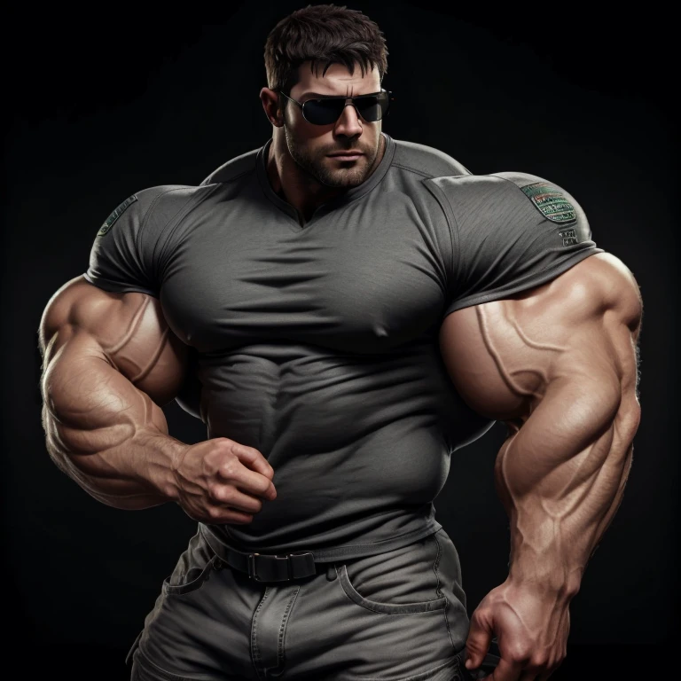 chris redfield, brutalmass, a very handsome young man, sunglasses, wearing a gray shirt, exaggeratedly muscular, exaggeratedly huge biceps and arms, on a black background