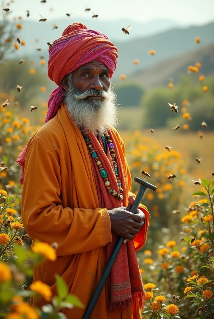 A Rajasthani man with a turban on his head is a beekeeper and stands among the bees (requires image size 16:9)