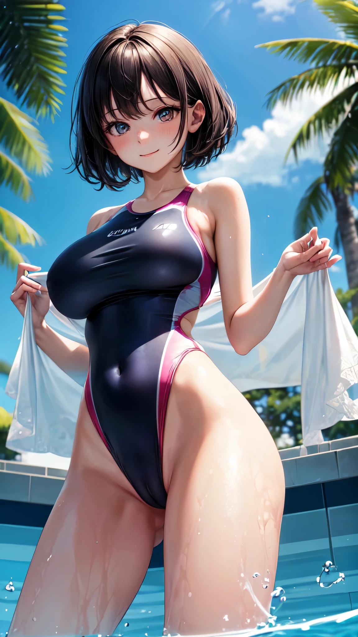 ((masterpiece,best quality,ultra detailed,high resolution)),(daytime,clear weather,front light),nsfw,looking viewer,((solo,beautiful girl)),(black hair),(beautiful detailed face,beautiful detailed eyes),(finely detailed skin,fair skin),slender,light smile,shy,(one-piece competition swimsuit),(on the pool,beautiful-sky),(big breast,perky breast,medium hip,cameltoe),(((from below))),