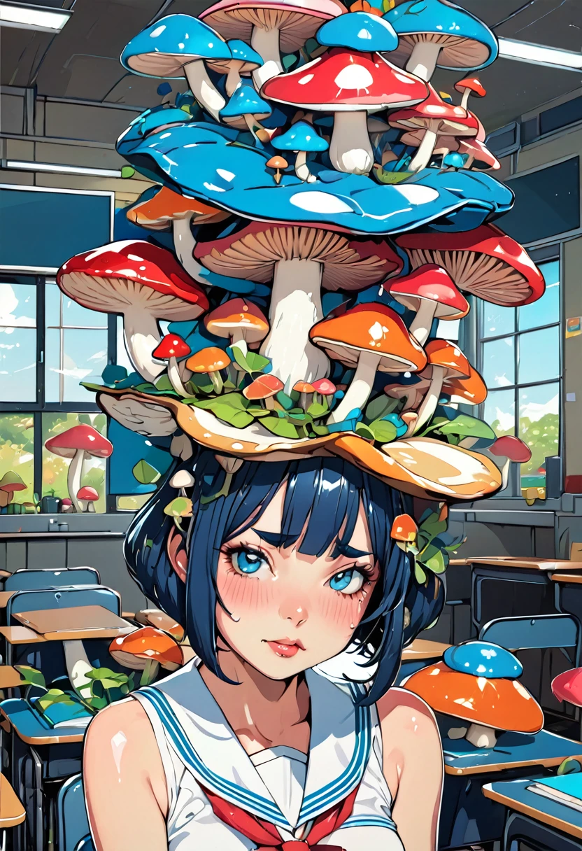 (masterpiece, best quality), (ultra highres, ultra-detailed),pop-art style,(japanese girl with mushrooms growing on her head),mushrooms hat,summer school-uniform,classroom,shiny skin,absurdity, extraordinary, BREAK (girl,16yo,detailed face,(darkblue wavy-short hair),middle thick eyebrows,middle small breasts),cry,tears,