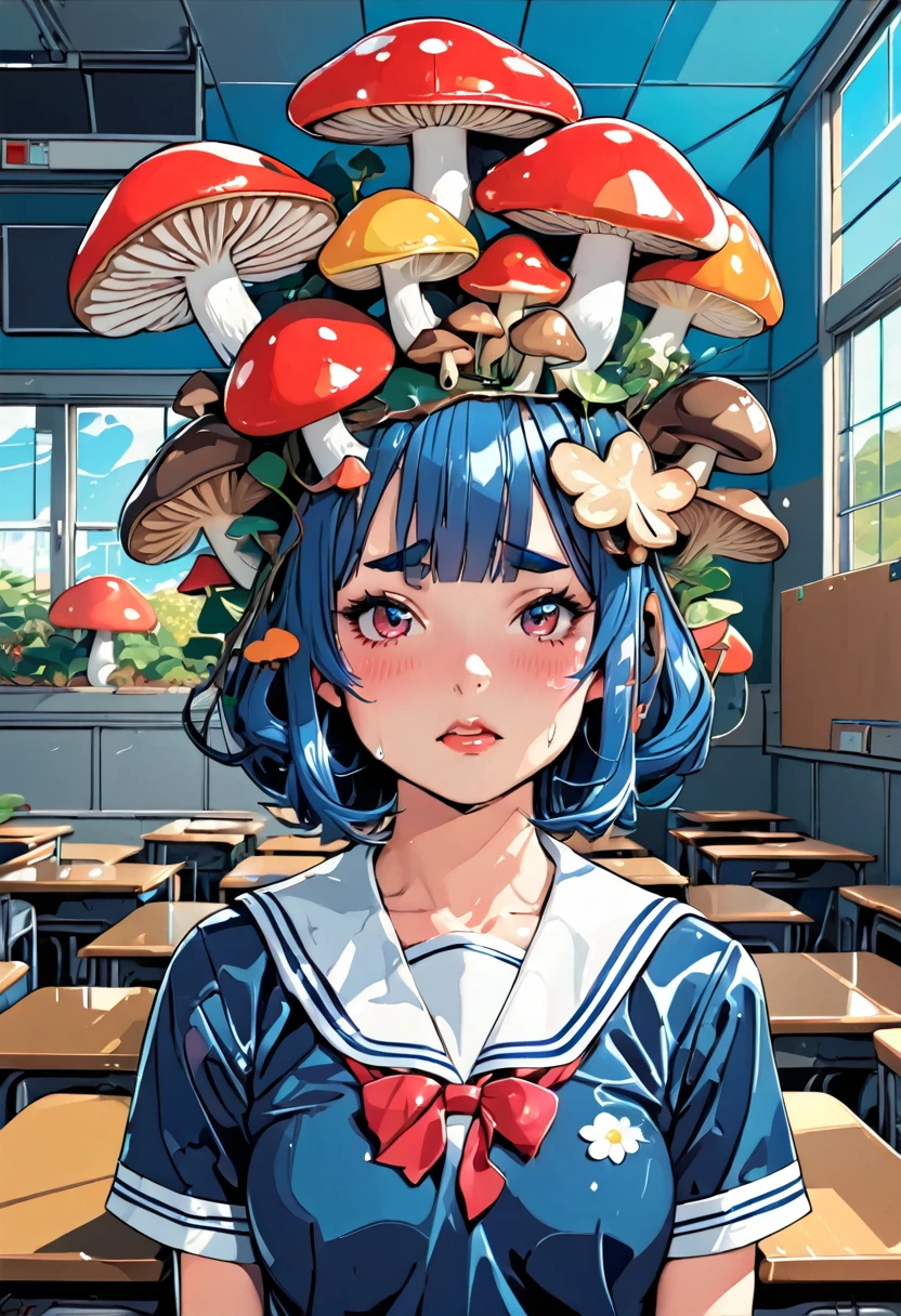(masterpiece, best quality), (ultra highres, ultra-detailed),pop-art style,(japanese girl with mushrooms growing on her head),mushrooms hat,summer school-uniform,classroom,shiny skin,absurdity, extraordinary, BREAK (girl,,detailed face,(darkblue wavy-short hair),middle thick eyebrows,middle small breasts),cry,tears,