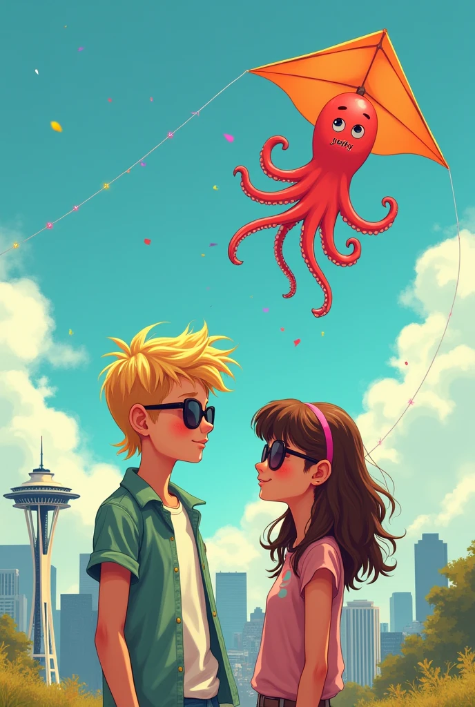 A blonde boy wearing sunglasses with an 80s mullet style haircut and a brunette girl wearing sunglasses who is flying a kite that looks like an octopus that says yucky on the octopus forehead and they are hanging out as friends, and looking at each other with romantic interests with the Seattle skyline in the background on a beautiful day