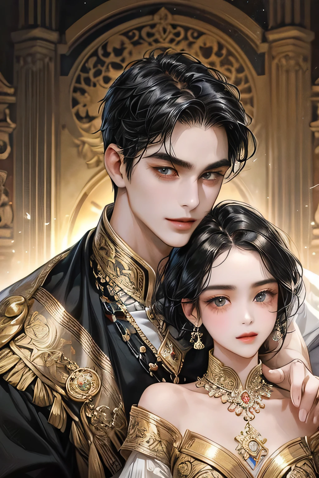 Couple, black hair, javanese majapahit style, masterpiece, best quality, realistic, romantic and charming, 29 years old, black eyes, serious, extremely detailed face, smile,, ((short-right-swept dark black hair)), [thick eyebrows], , accurate, detailed