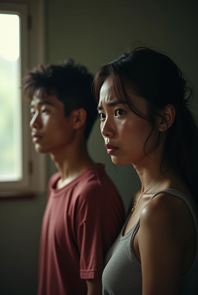 A ONE YOUNG MAN AND ONE YOUN WOMEN FACE LIKE CRYING, RED NOSE REASON COLD LOOKING STRAIGHT, MAN AND WOMEN STANDING AND SOME DISTANCE,DOCUMENTRY BACKGROUND ROOM , ONE WINDOW, SUN LIGHT IN BACKGROUND, REALISTIC DETAILS, 4K HD , A MAN AND WOMEN FACE LOOKIN IN THE SCREEN,LOWER FAMILY CLASS
