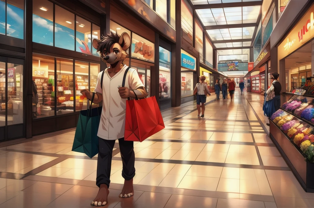 masterpiece,Cute anthropomorphic hyena,boy,Shopping at the mall,Highest quality,Brown eyes,feet,hair,A bustling shopping mall is in the background,Manga Style,白hair、solo,