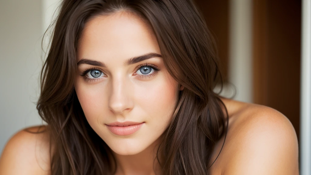 1 woman, (realist:1), Perfect eyes, Brown hair, by the wide, black eyes, happy, sexy pose, Whole body, model, Topless