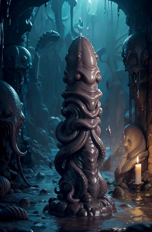 cave　darkness　moisture　slime　Rough texture　Vertical　Stone statue　Stone Pillar　grotesque　Penis　penis　mollusc　erotic　octopus　half submerged