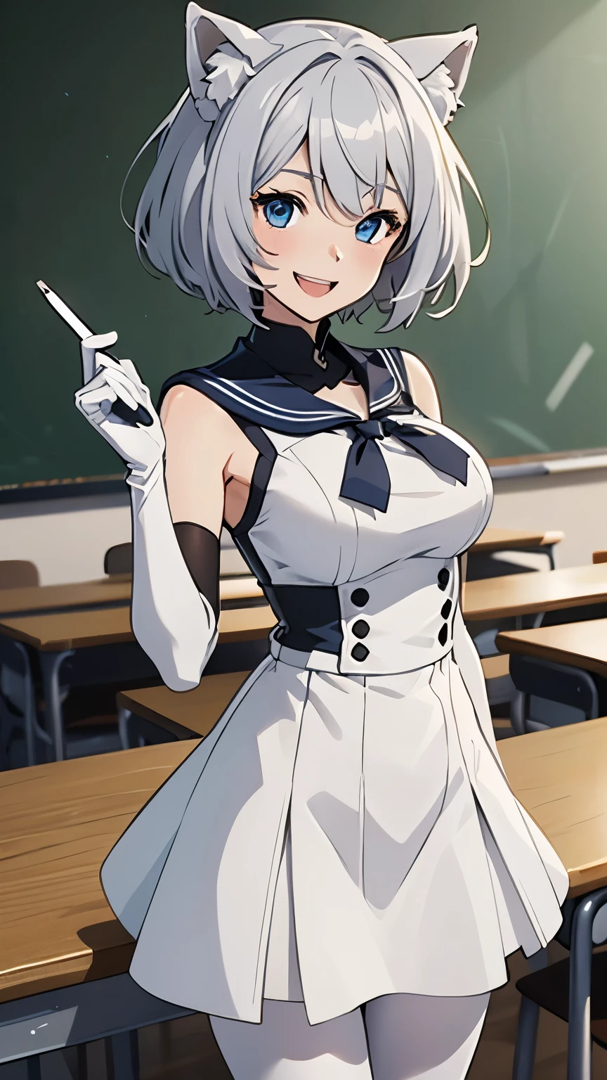 Tabletop　High resolution　Best image quality　8k　 Adult female　Anime Style　White long gloves（Elbow Gloves）　White Sailor Suit（Sleeveless）　mini skirt　White pantyhose　White wolf ears　short hair（（Shortcuts）（Gray Hair）（Perm）（fluffy））　blue eyes　Attractive face（（Laughter）（smile）（Open your mouth））　classroom　side