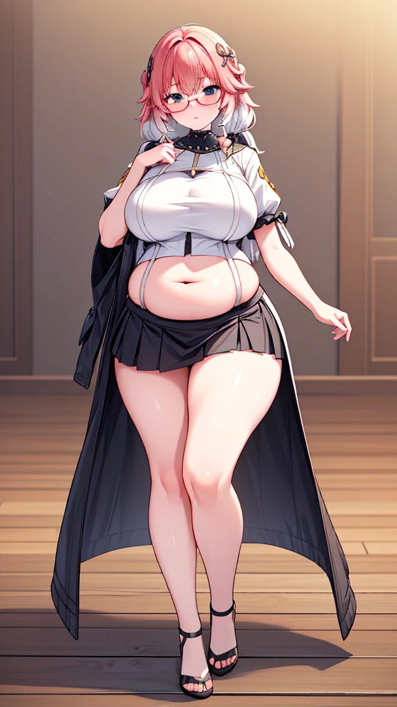 (masterpiece, best quality, highly detailed), 1girls, big belly, huge belly, art by kipteitei, round belly, chubby, curvy, belly grab, enormous belly, fat belly, thicc, bigger belly, really big belly, jiggly belly, shirt covering belly, belly cover by shirt, glasses, skirt, ((full body)), long hair