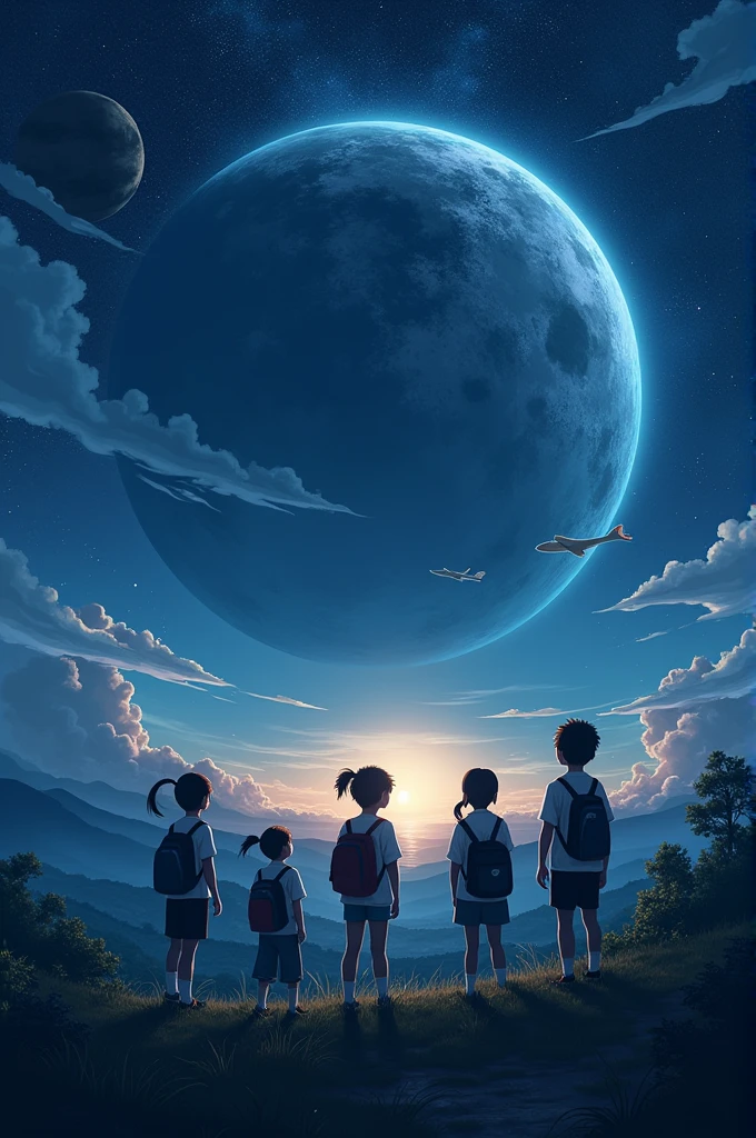 School children are going out to explore space at night. The world will end. The big sun. Thailand.