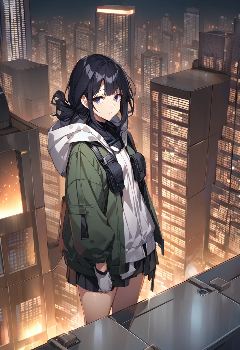 Motoko from Ghost in the Shell looks down on the skyscrapers at night from the rooftop of a high-rise apartment building