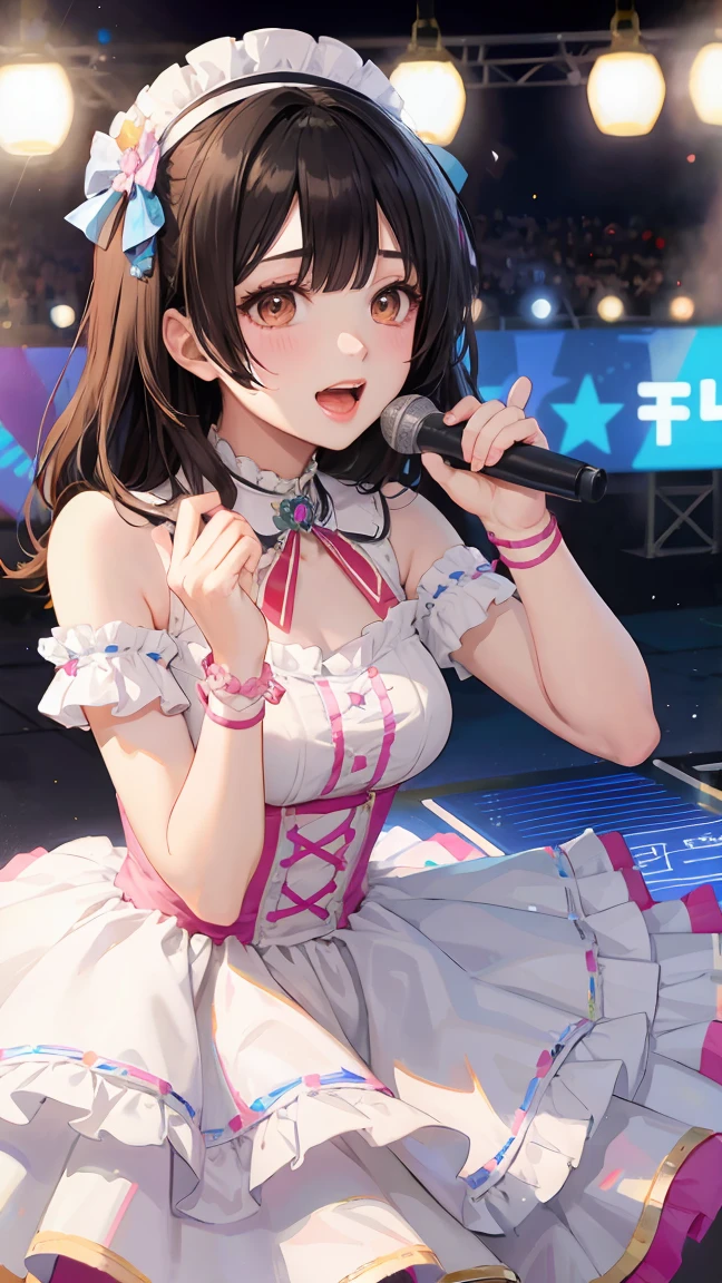 Very cute and beautiful K-POP female idols, Sing on the Gondola Live Stage, 
break,
Face close-up, Singing scene, Dress scene, Looking at the audience, 
break,
Idols depicted in vibrant colors, Colorful idol dresses, Expressing the singing voice of an idol with warm colors