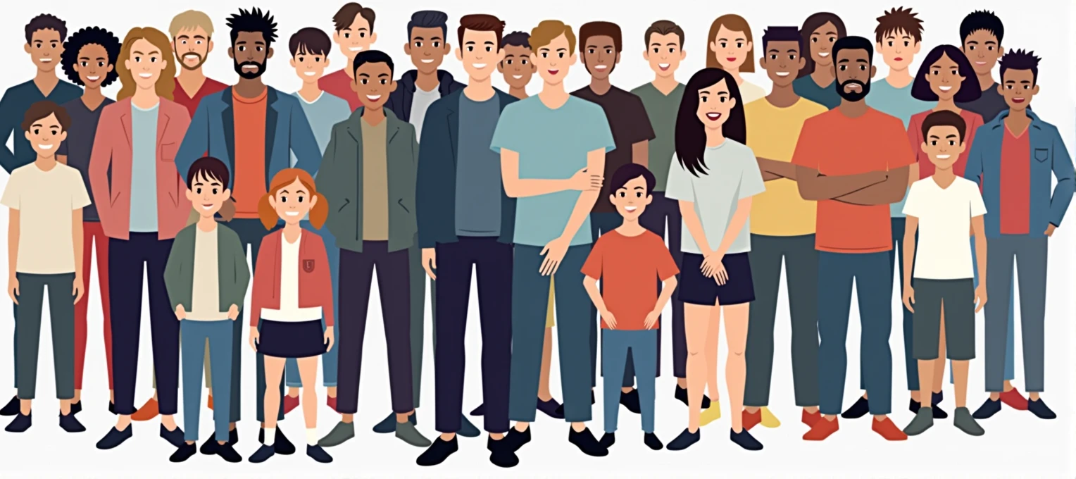 Multinational group of people isolated on white background. Children, adults and agers stand together. Illustration