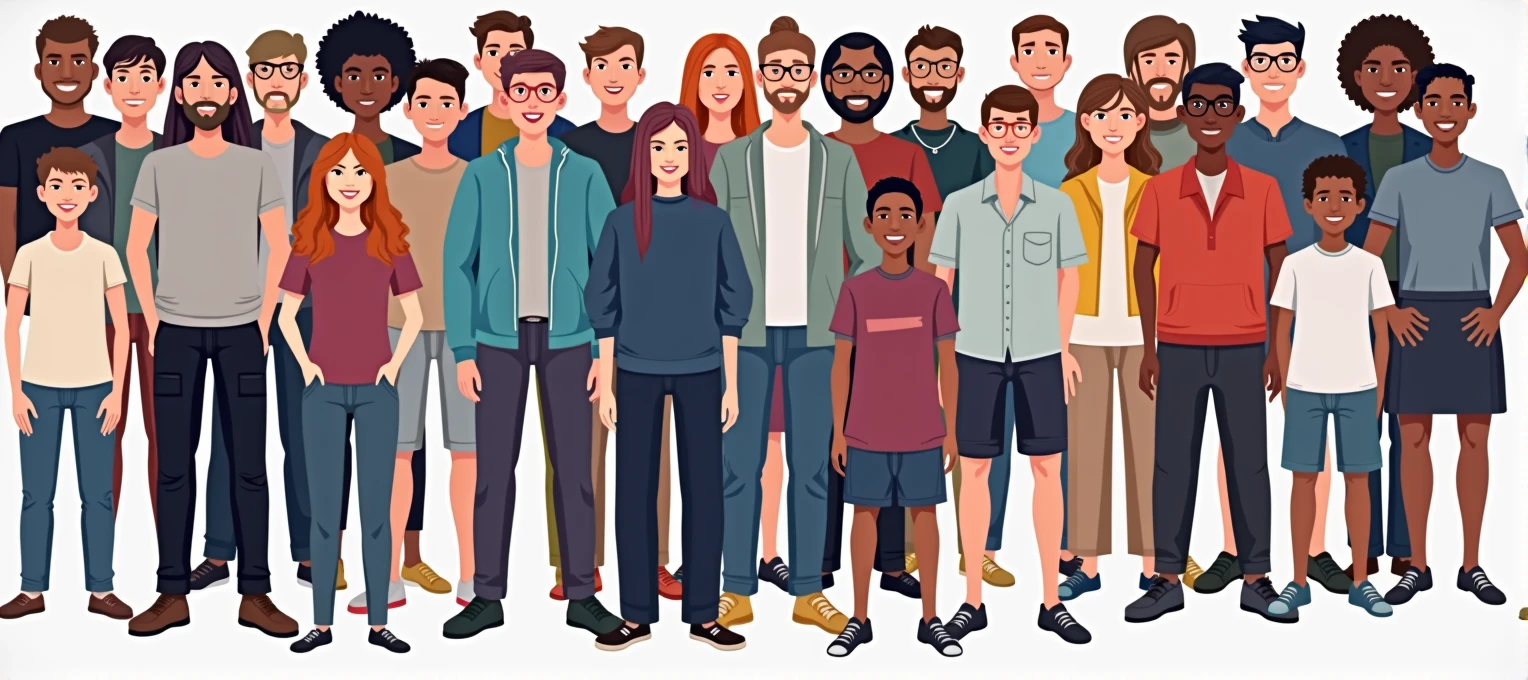 Multinational group of people isolated on white background. Children, adults and teenagers stand together. Illustration