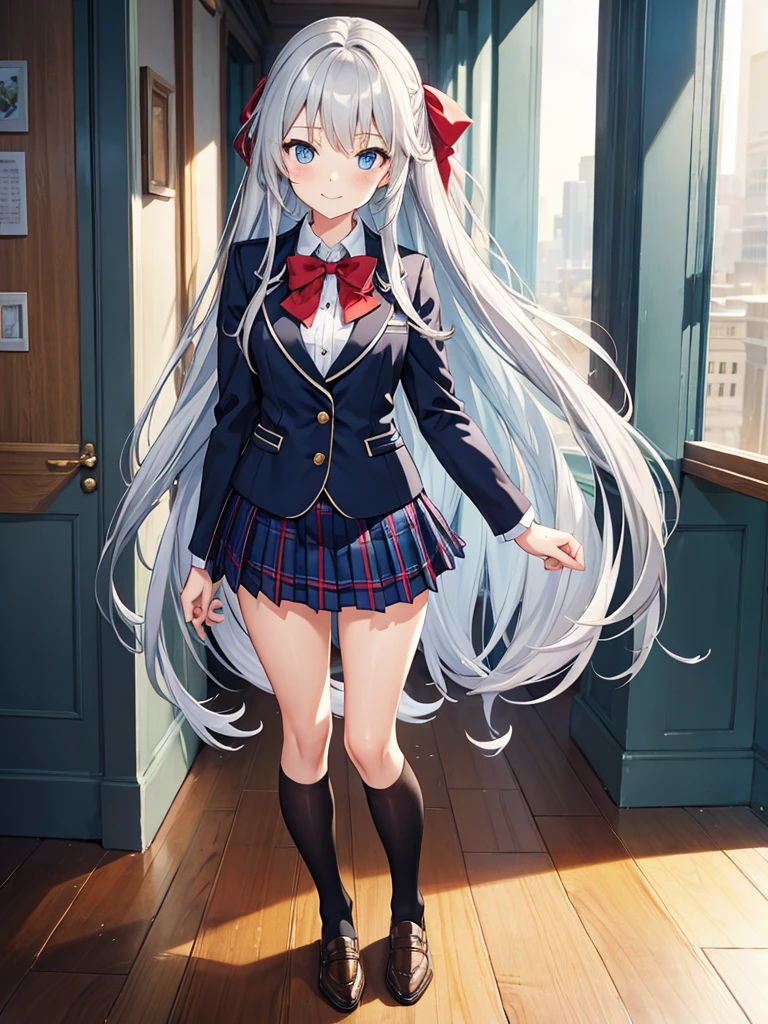 masterpiece, best quality, extremely detailed, anime, 1girl solo girl, straight long hair, silver hair, light blue eyes, school uniform, navy blazer, red bow tie, dark brown plaid skirt, pleated skirt, tights, loafers, long sleeves, slender, small breast, slimmer thighs, beautiful detailed face and eyes, calm, smile, tidy, standing figure, full body, no background