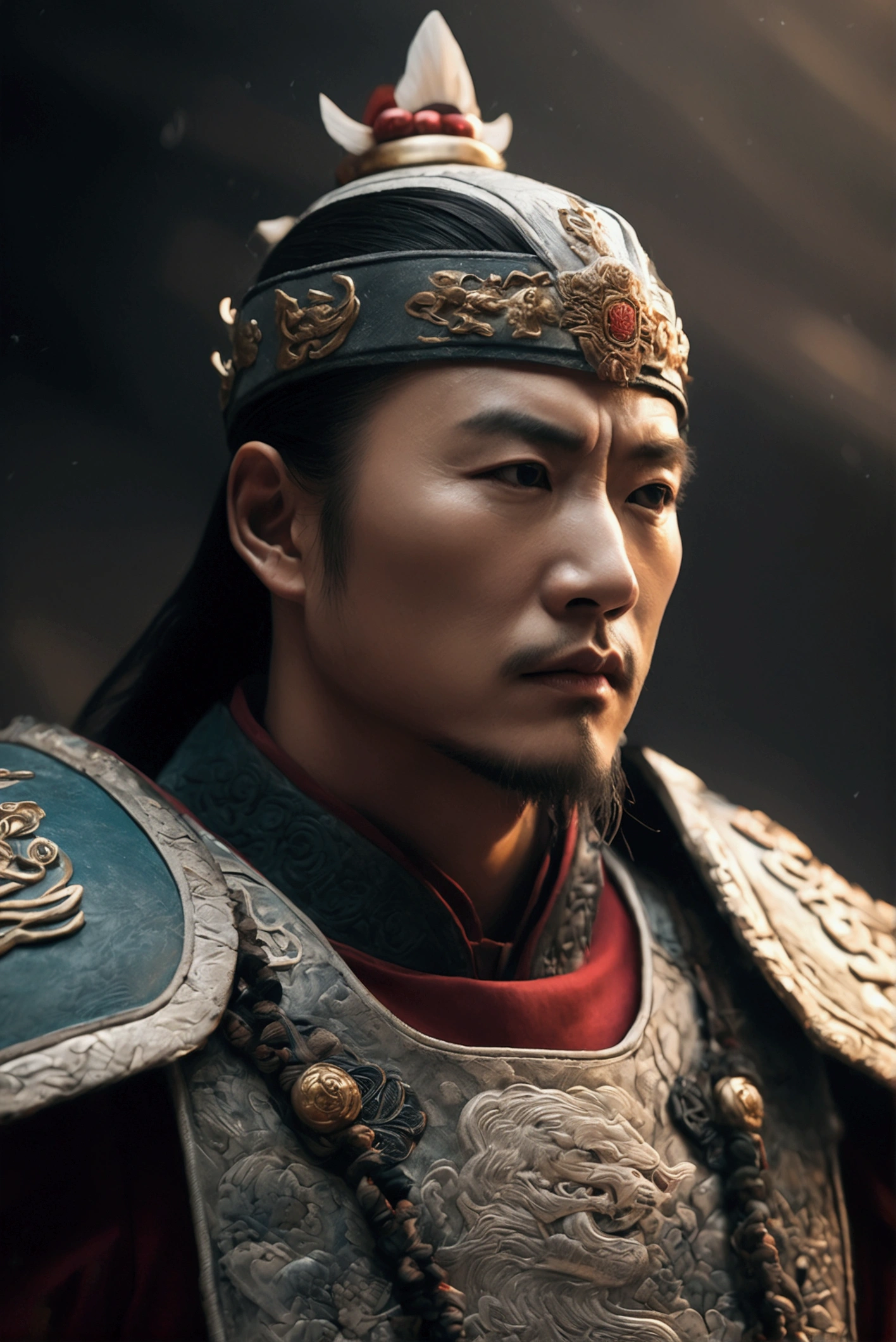 Bust of an ancient Chinese general on the battlefield,The armor is broken, Starry sky and fog cover the landscape.Rich historical background. (Highest quality,4K,8k,High resolution,masterpiece:1.2), Very detailed, (Realistic,Realistic,Photorealistic:1.37), High resolution, Hyper HD, Studio Lighting, Ultra-fine painting, Sharp focus, Physically Based Rendering, Very detailed説明, Professional, Vibrant colors, Bokeh, Sports Late, Ancient War Landscapes, Traditional Chinese Painting Techniques, Atmospheric lighting, Dynamic Pose, Complex combat scenarios, Vivid color contrast, Visually stunning composition, Ethereal atmosphere, heroism. Black and White