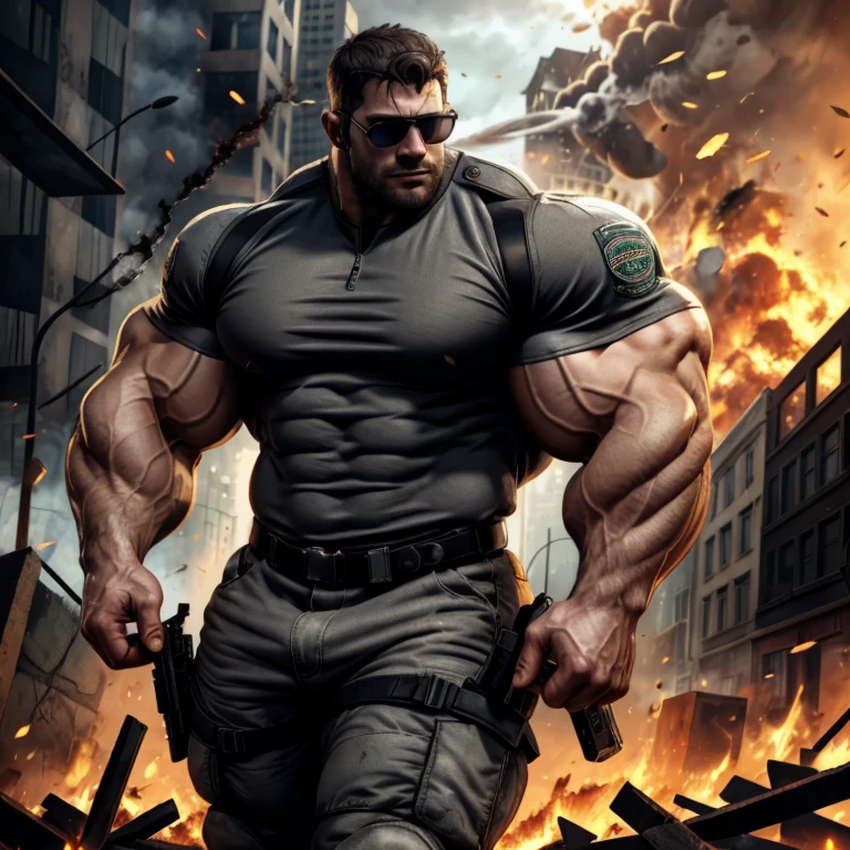 chris redfield, brutalmass, a very handsome young man, sunglasses, wearing a gray shirt, exaggeratedly muscular, exaggeratedly huge biceps and arms, in a city destroyed in flames
