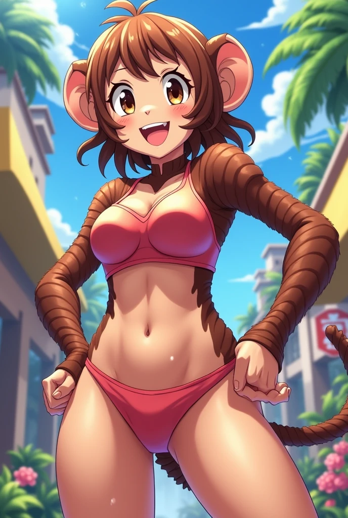 1girl, Hikaru Hiyama, (best image quality, best girl), (one girl), girl wearing ((red ribbon-shaped hair ornament))), ahoge, pointed lips, expressionless, confident, satisfaction, intimacy, ((big breasts))), full body, sexy pose, heart pupils, long gloves, tights, (((pink leopard print bikini)), ( ( (Heart Pupil)), drooling, camera gaze, gold mesh, (tan), gal, ((brown skin)), ((night city)), neon street, back alley, evil smile