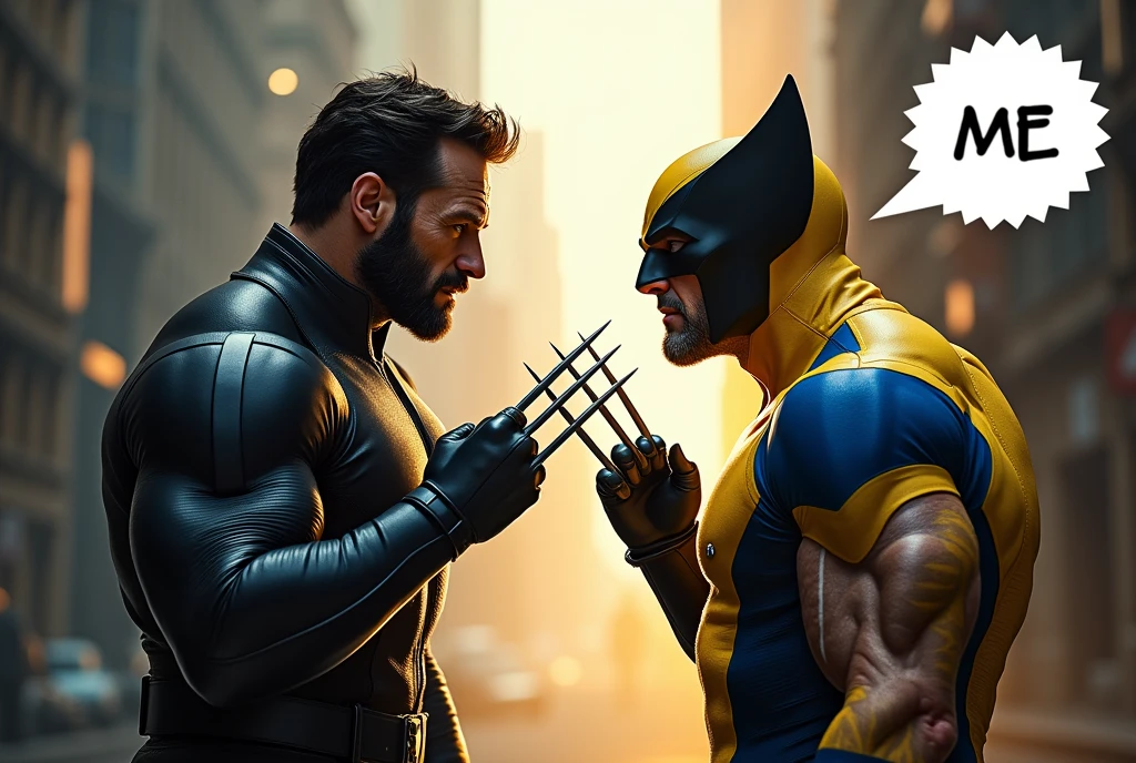 Wolverine (Hugh Jackman) in black X-men suit and Wolverine (Hugh Jackman) in Yellow & blue suit are pointing to each other By their claws . They both say “Me” in speech bubble, best quality, high resolution, 32k masterpiece, cinematic lighting