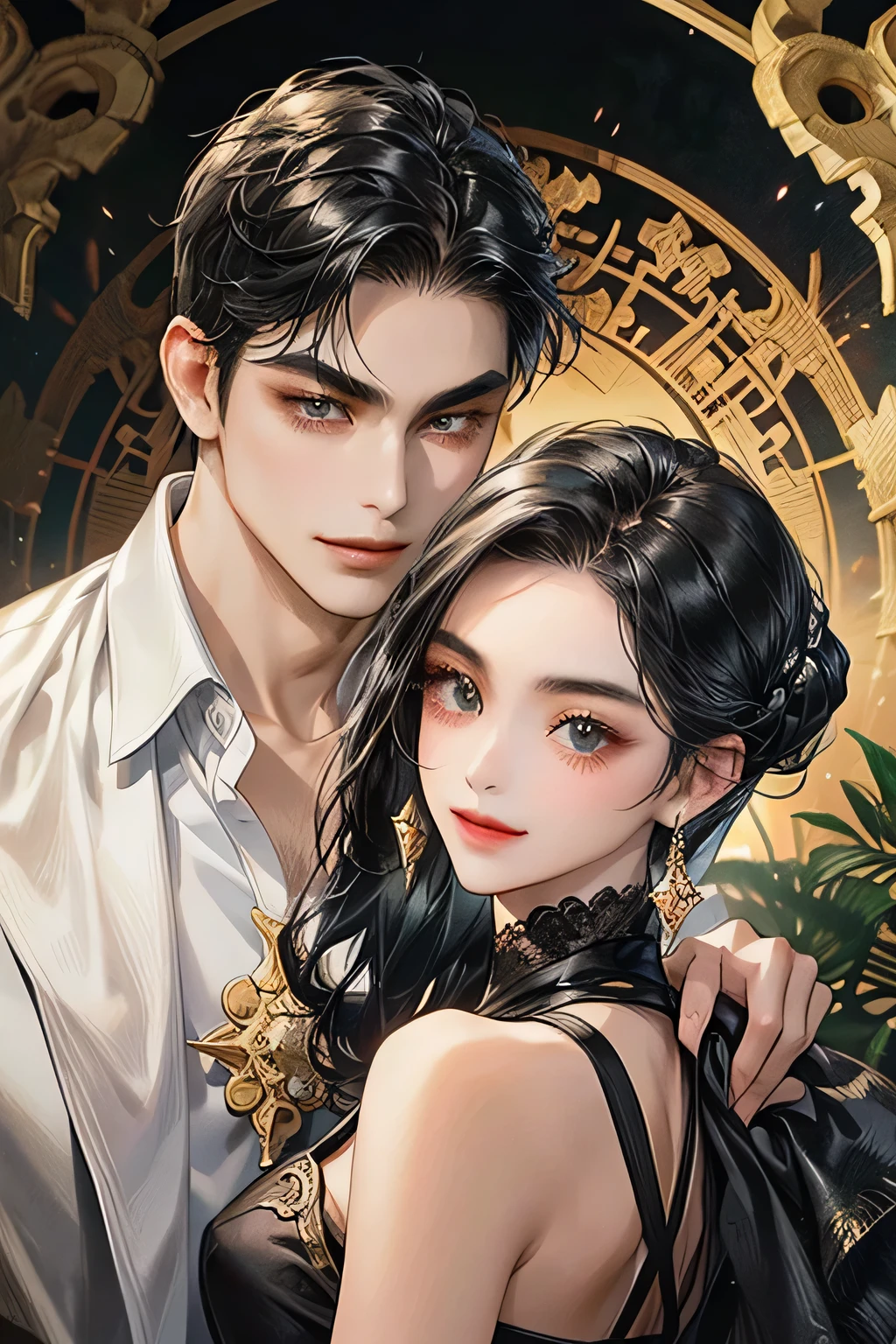 Couple, black hair, javanese majapahit style, masterpiece, best quality, realistic, romantic and charming, 29 years old, black eyes, serious, extremely detailed face, smile,, ((short-right-swept dark black hair)), [thick eyebrows], , accurate, detailed