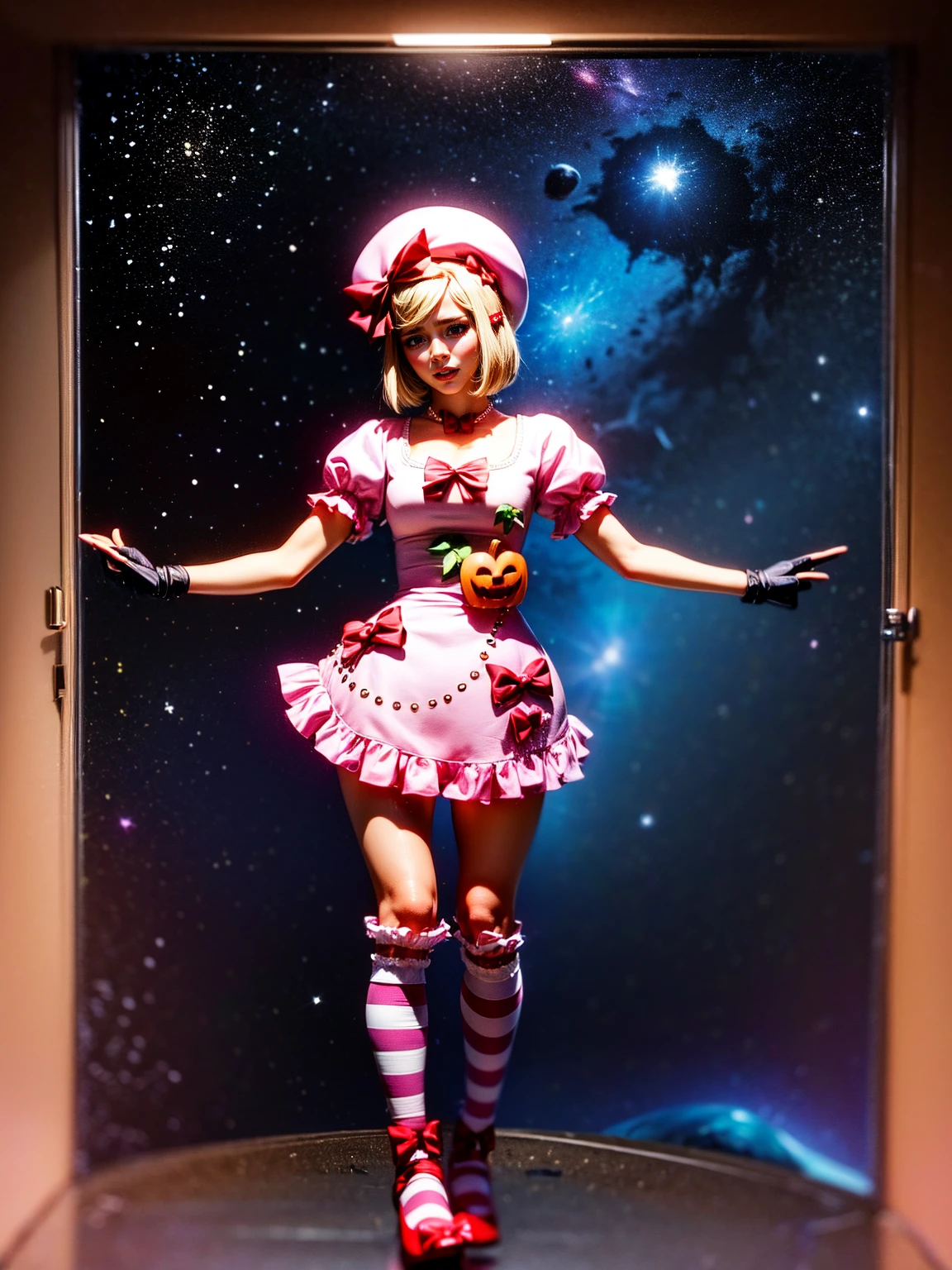 (1 lady), The beautiful, (Best quality at best:1.4), (ultra - detailed), (extremely detailed CG unified 16k), gold blonde hair, very detailed, High-definition RAW color photo, professional photoshooting, amazing face and eyes, cosmetics, (amazingly beautiful girl), ((lambdadelta, taller, tall woman)), ((dress, shoes bow, red shoes, striped stockings, red bow, pink hat, necklace, gloves, pearl, pumpkin brooch, pink dress)), levitating in a cute posture (floating in the air), (She's levitating in a cosmic sea, outer space:1.3, quantum hyperspace room lacking walls, hyperspace chamber, extremely detailed background, a lot of details background, realistic outer space background with stars quasars and cosmic bodies, brighter background), (look from above), realistic cinematic face, head to feet long wide zoomed out view, full body long view, photorealistic, ((realistic natural blonde hair style, red eyes)), gorgeous, extremely beautiful face, perfect model beauty, pout mouth, Highly Detailed Face and Skin Texture, Detailed Eyes, Double Eyelids, Small Breasts, Persistent Stare, Faith Trance, (mystical stare, looking eternity), (masterpiece), best quality, high resolution, depth of field, cinematic lighting, amazing legs, pink combat boots, clear and well-cared skin