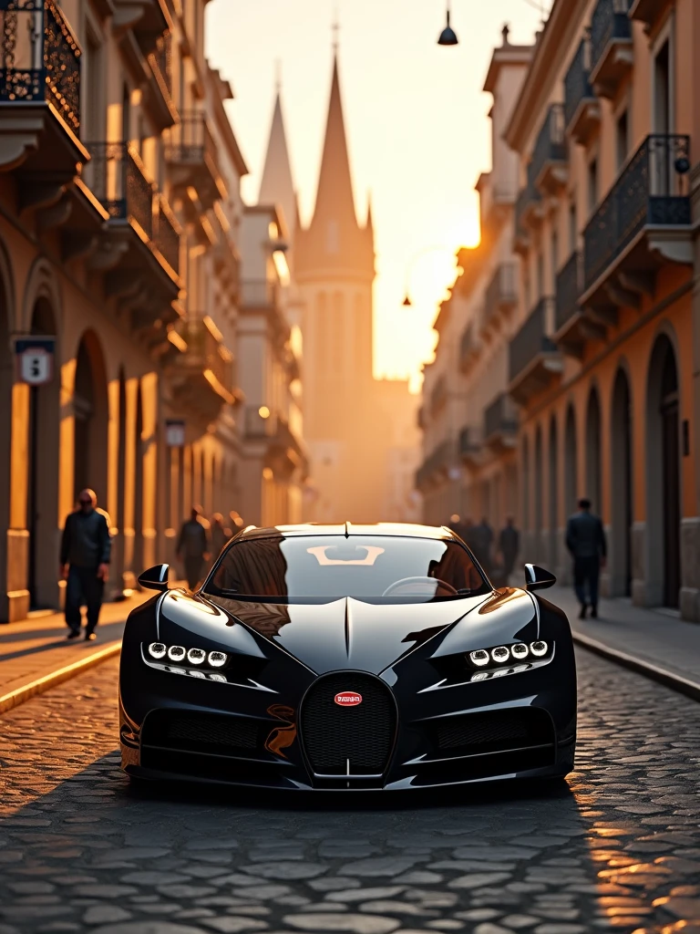 the Bugatti La Voiture Noire driving through an ancient yet developed city street. The scene combines historical architecture with modern elements, highlighted by the warm glow of a sunset. Let me know if you need anything else!