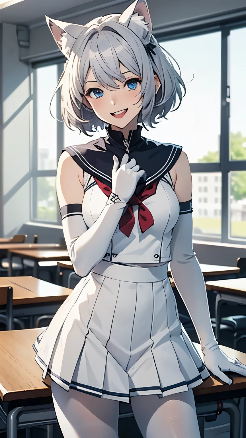 Tabletop　High resolution　Best image quality　8k　 Adult female　Anime Style　White long gloves（Elbow Gloves）　White Sailor Suit（Sleeveless）　mini skirt　White pantyhose　White wolf ears　short hair（（Shortcuts）（Gray Hair）（Perm）（fluffy））　blue eyes　Attractive face（（Laughter）（smile）（Open your mouth））　classroom　side