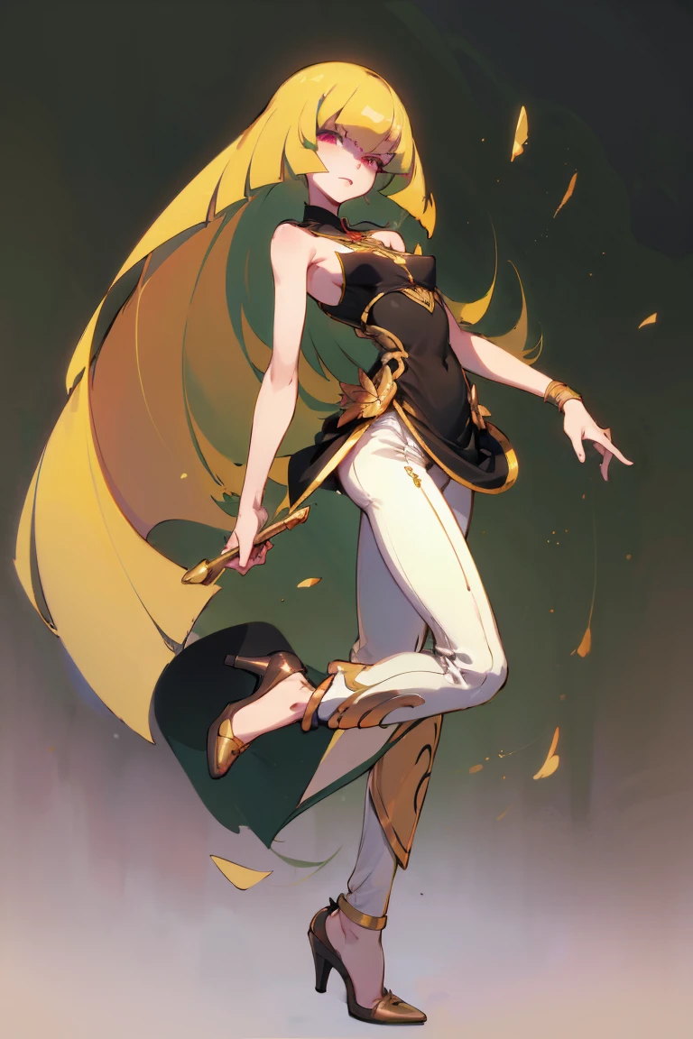 ((Highest quality)), ((masterpiece)), (Familiar), Lusamine,thin,thin,Long blonde hair,Small breasts,Erect nipples,Adult female,Green Eyes,Slanted Eyes,Sleeveless dress,Black Dress,Gold embroidery,White pants style,High heels,Fascinating
