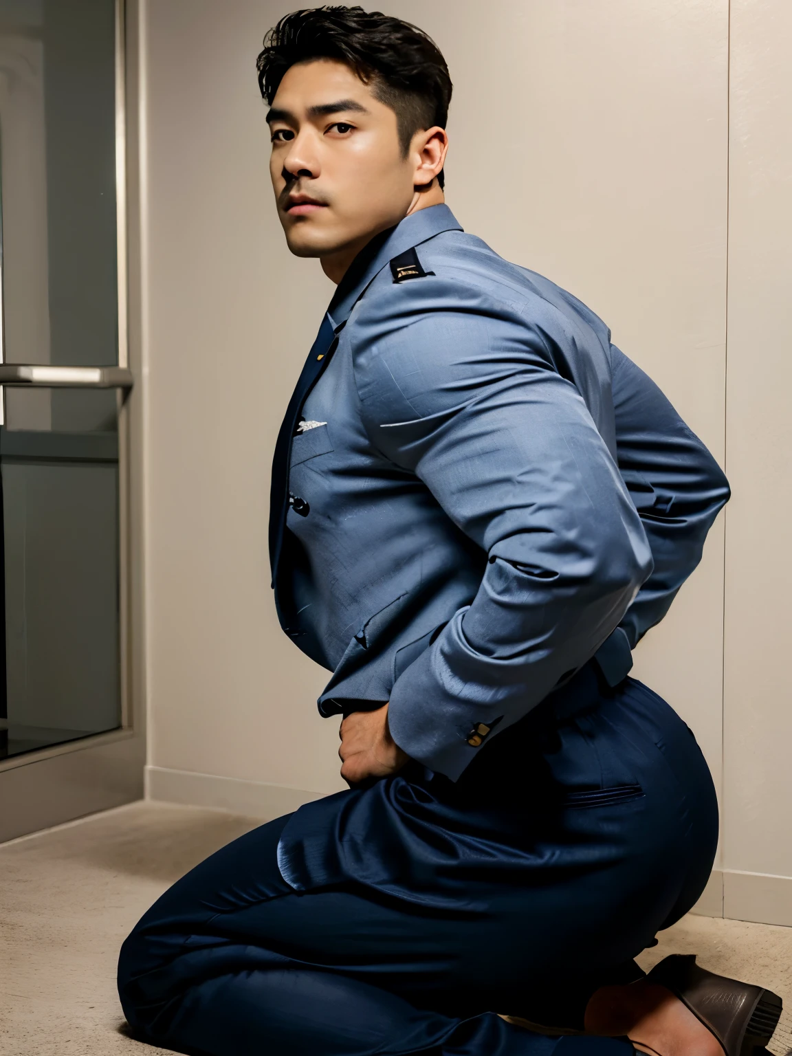 40-year-old boy ,Korean male officer ,Thin mustache...,handsome ,Wear long sleeve police shirt...............,beige grey tight trousers, ,((unrealistic super big tight butt wearing pants))............................. Black boots and dark navy gloves.,sit on the ground , His legs spread apart................................, Police Logo ,tight breasts ,Muscle Man , ((The arm muscles are very large...................)) ,large , Wide shoulders ,open legs, head turn slightly to looking back to the camera, rear shot.......................................... ,Sexually suggestive, (Dynamic Poses:1.1) , thights , (Embossed Focus:1.2),On your knees........................., toilet room at night , Best qualtiy , Wide lens ,deep depth of field ,Bokeh background