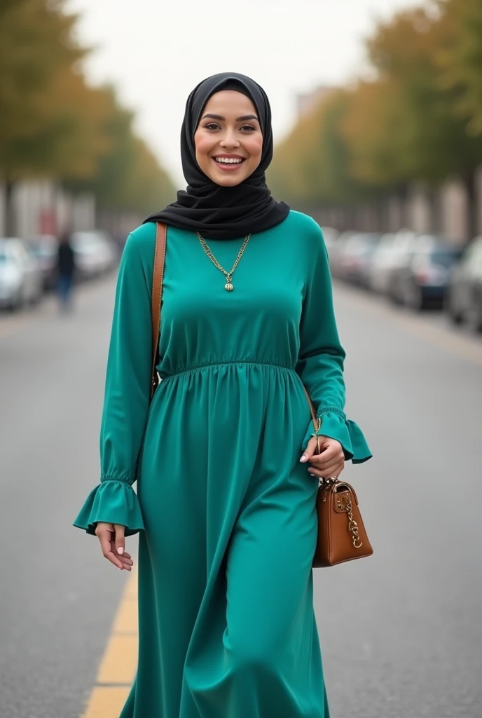A very beautiful woman with a curvy brunette body wearing a hijab turquoise and green dress is walking on the empty street and smiling.