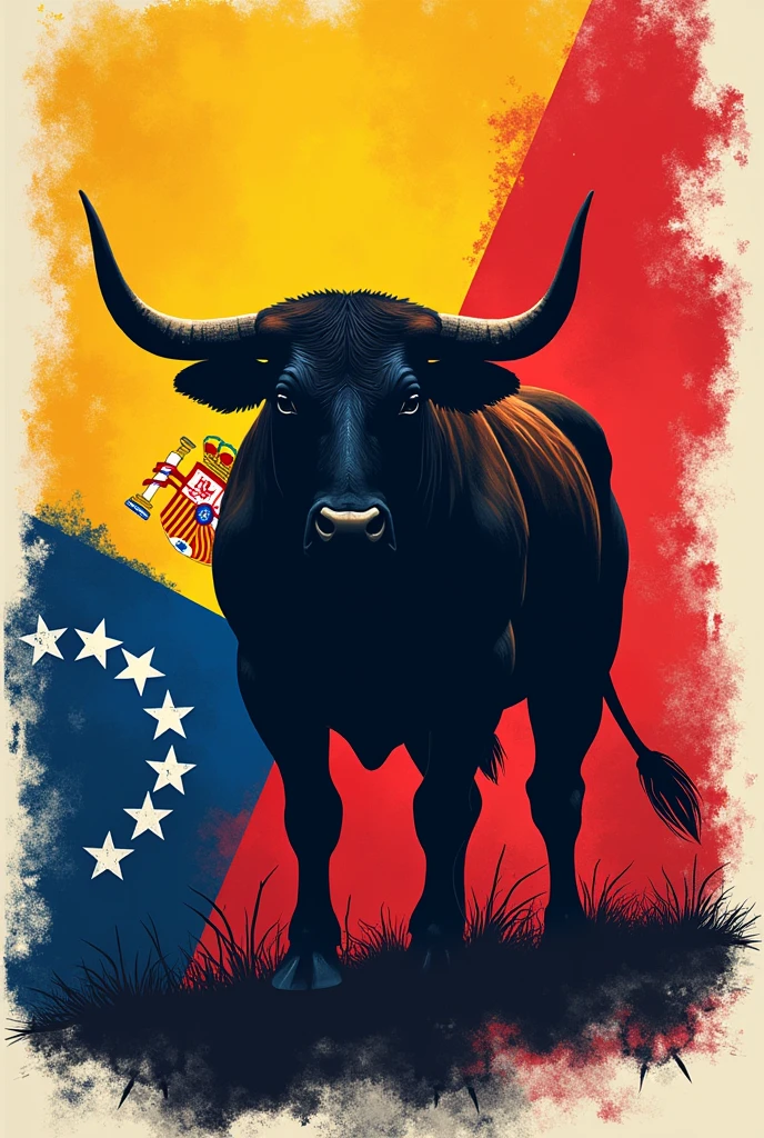 Make an image where the silhouette of a bull appears, the flag of Spain, The Venezuelan flag in feminine to print on a t-shirt