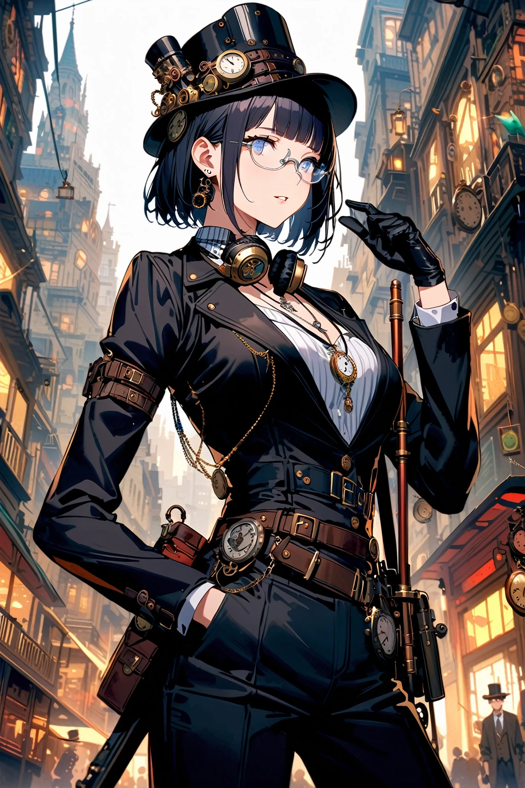 (extremely detailed fine touch:1.3), (((silver semi-rimless eyewear:1.3))), (wear silver headphones around neck:1.0), black short hair, blunt bangs, 1girl, solo, earring, steampunk, black suit, (black silk hat:1.2), black long pants, pocket watch necklace, black gloves, holding black stick, extremely detailed steampunk cityscape, 