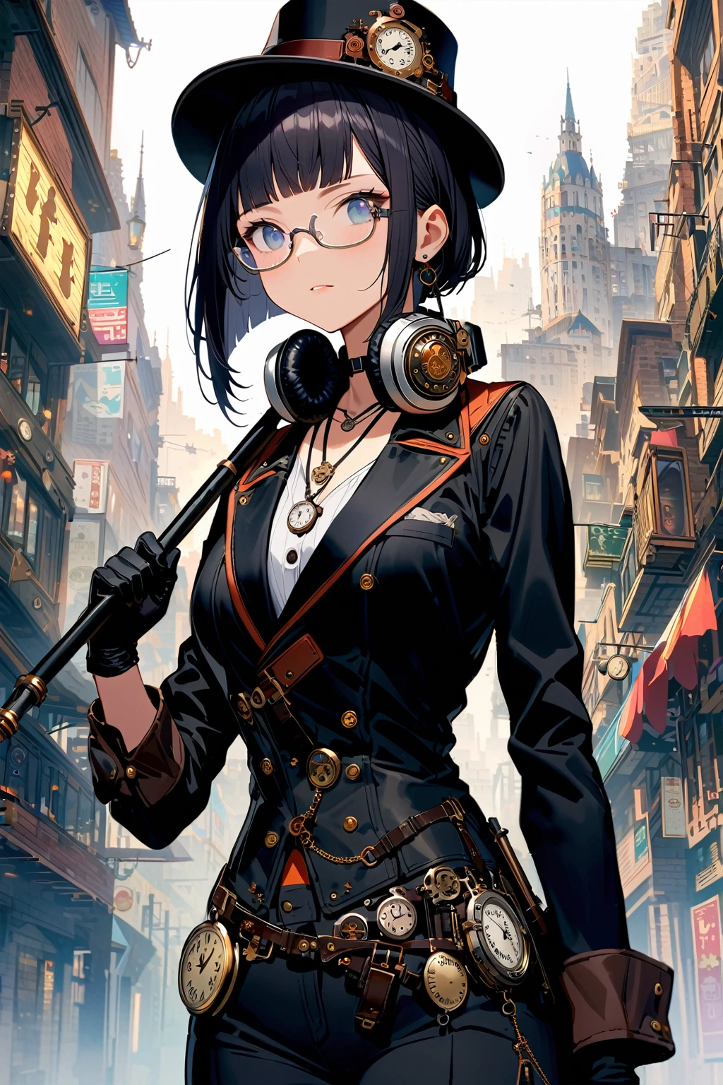(extremely detailed fine touch:1.3), (((silver semi-rimless eyewear:1.3))), (wear silver headphones around neck:1.0), black short hair, blunt bangs, 1girl, solo, earring, steampunk, black suit, (black silk hat:1.2), black long pants, pocket watch necklace, black gloves, holding black stick, extremely detailed steampunk cityscape, 