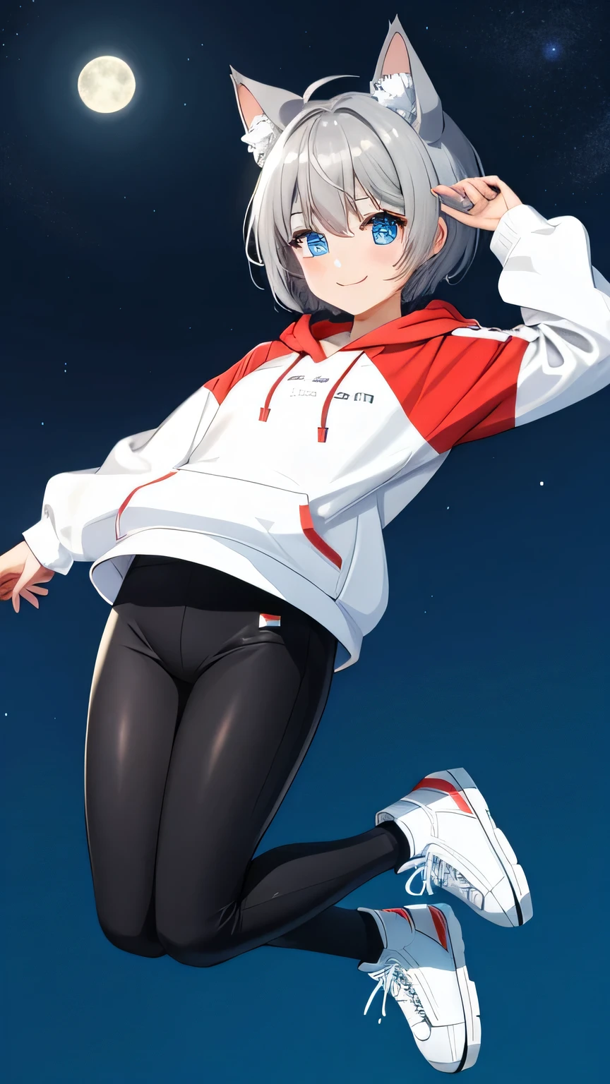 (masterpiece), (best quality), (High quality), BREAK, expressive eyes, BREAK, perfect face, 1girl, (grey cat ears), (medium hair, grey hair), ((pixie cut)), BREAK, (big eyes, perfect eyes, blue eyes, thick eyelashes), thin eyebrow, BREAK, ((smile)), BREAK, (short height), BREAK, slim bulid, BREAK, (medium breasts), (clevage), BREAK, view from front, BREAK, ( white hoodie, hood off), (red t-shirt), BREAK, ((black leggins)), BREAK, (sneakers), BREAK, (jumping, high jumping), BREAK, (arms in air), (view from the front), (full body), BREAK, (starry sky, night, moon, moonlight), BREAK, more_details:-1, more_details:0, more_details:0.5, more_details:1, more_details:1.5,
