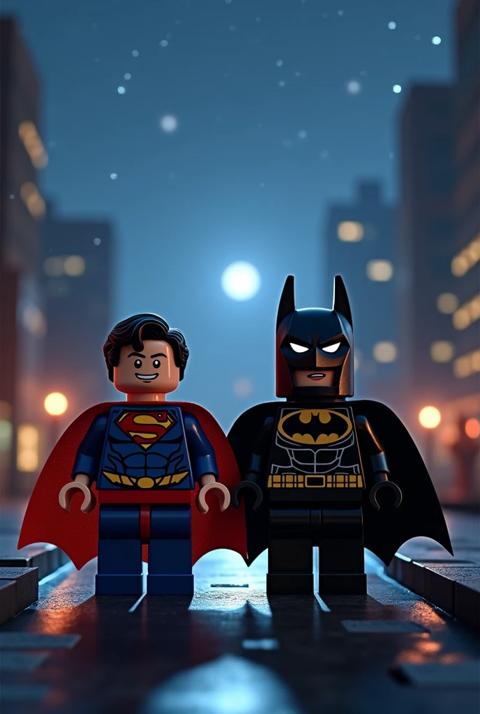 Superman and Batman in lego art, night