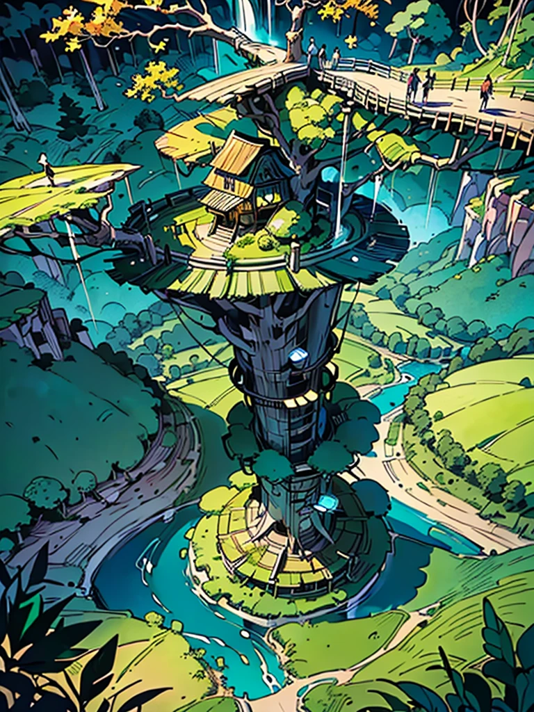 awardwinning, conceptual artwork, fine arts, epic fantasy digital art, bird view,cinematic lighting, Top-down view,super wide plan,Viewing angle from afar,depth of fields,beautiful young lady (Milla Jovovich ), (27 year old), ((((fully body)))), (((wearing a long emerald green dress)), The beauty of an idyllic country fairy tale,((waterfall)),quaint, Picturesque, Rustic, ((rice field;1.7)), ((Peach blossom tree)), ((Small rivers:1.4)), ((The treehouse is connected to the treehouse by a wooden bridge)), epic,
