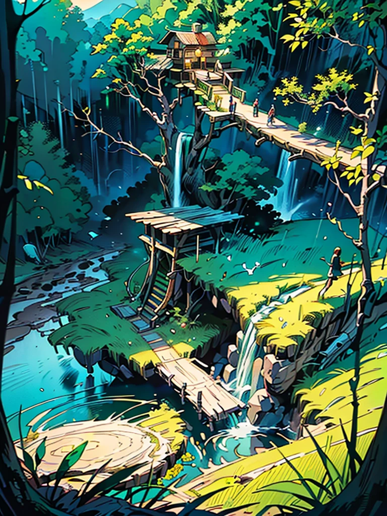 awardwinning, conceptual artwork, fine arts, epic fantasy digital art, bird view,cinematic lighting, Top-down view,super wide plan,Viewing angle from afar,depth of fields,beautiful young lady (Milla Jovovich ), (27 year old), ((((fully body)))), (((wearing a long emerald green dress)), The beauty of an idyllic country fairy tale,((waterfall)),quaint, Picturesque, Rustic, ((rice field;1.7)), ((Peach blossom tree)), ((Small rivers:1.4)), ((The treehouse is connected to the treehouse by a wooden bridge)), epic,