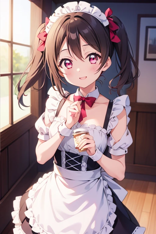  Highest quality、masterpiece、One Girl、alone、anime、animeScreencap、Ray Tracing、Global Illumination、ultra hi resolution picture、Bright colors、Light on the face、Glowing Eyes、Depth of written boundary、Detailed Background、cute、Straight、smile、View your viewers、Love Live!、whole body、Coffee shop、Maid clothes、Yazawa Nico、Twin tails