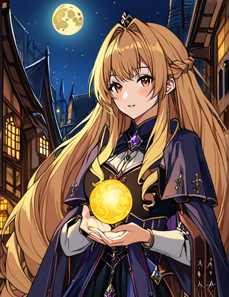 1girl, elinalise dragonroad, A highly detailed digital painting of a blonde woman in a blue, ornate fantasy outfit, holding a glowing orb, set against a night-time backdrop with a full moon and medieval architecture, highly detailed, natural lighting, vibrant colors.