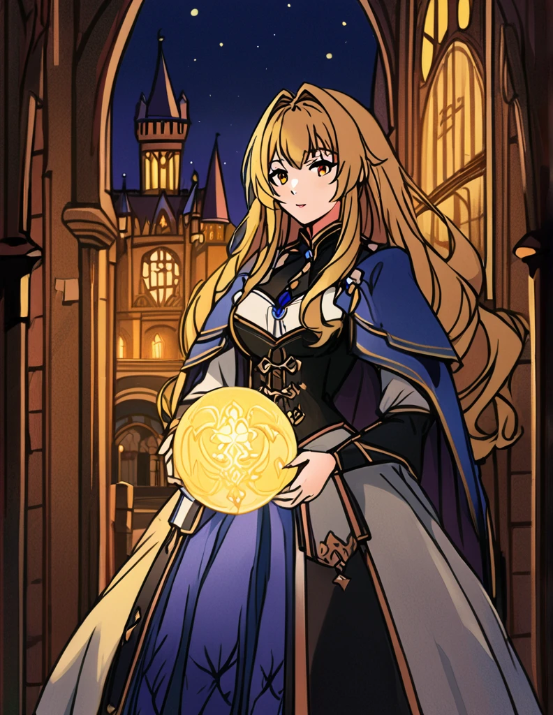 1girl, elinalise dragonroad, A highly detailed digital painting of a blonde woman in a blue, ornate fantasy outfit, holding a glowing orb, set against a night-time backdrop with a full moon and medieval architecture, highly detailed, natural lighting, vibrant colors.