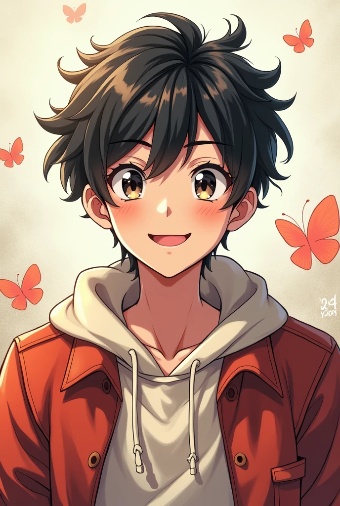 Anime 18 years young boy show with front view in 89 percent body