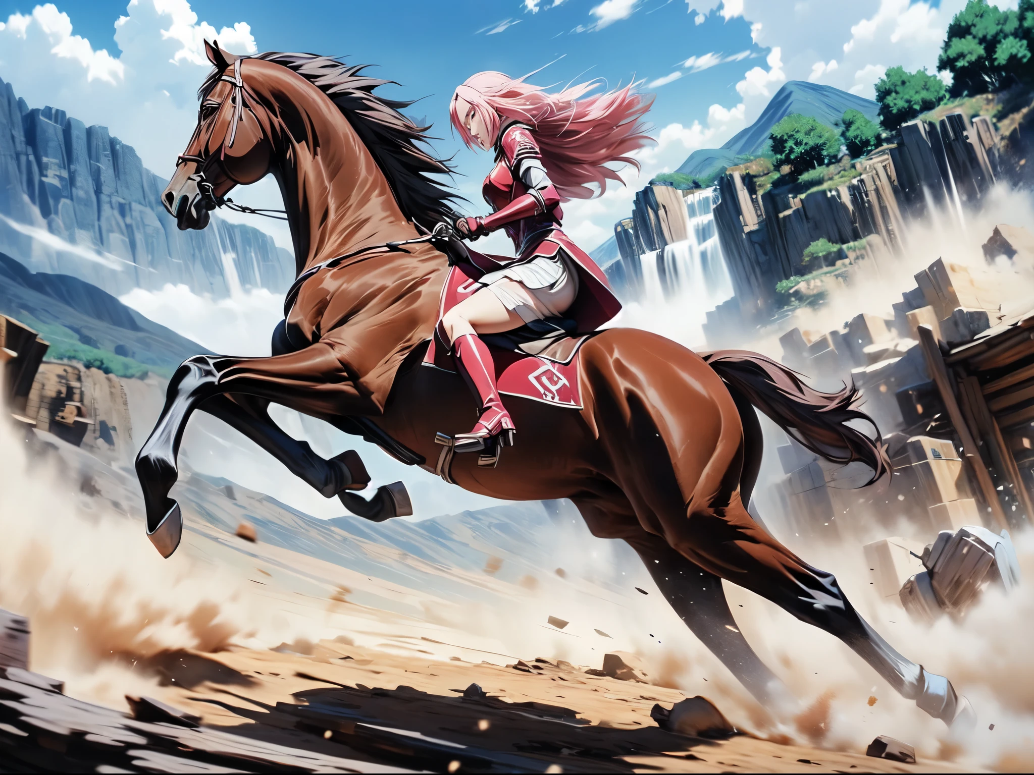 ((best quality)), ((anime masterpiece)), (high detailed), 8k, cinematic lighting, anime screencap, HDR, vivid color, a female knight riding a BROWN HORSE, (haruno sakura, medium hair, {pink hair}, medium breast, cleavage), determined face, (red armor, red gauntlet, red miniskirt, red boots), mountains, outdoor, open field, ((from side: 1.2)), anatomically correct