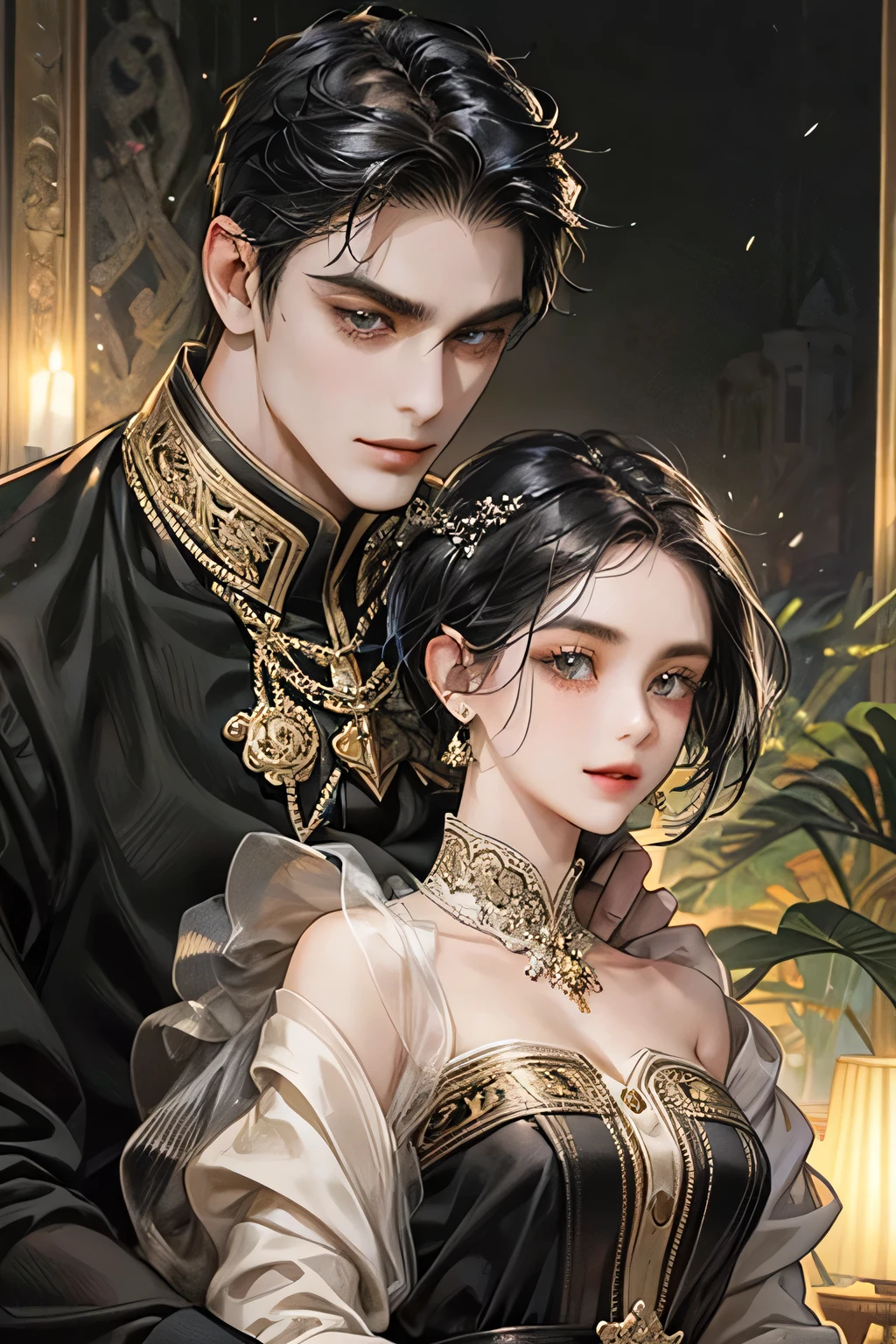 Couple, black hair, javanese prambanan style, masterpiece, best quality, realistic, romantic and charming, 29 years old, black eyes, serious, extremely detailed face, smile,, ((short-right-swept dark black hair)), [thick eyebrows], , accurate, detailed
