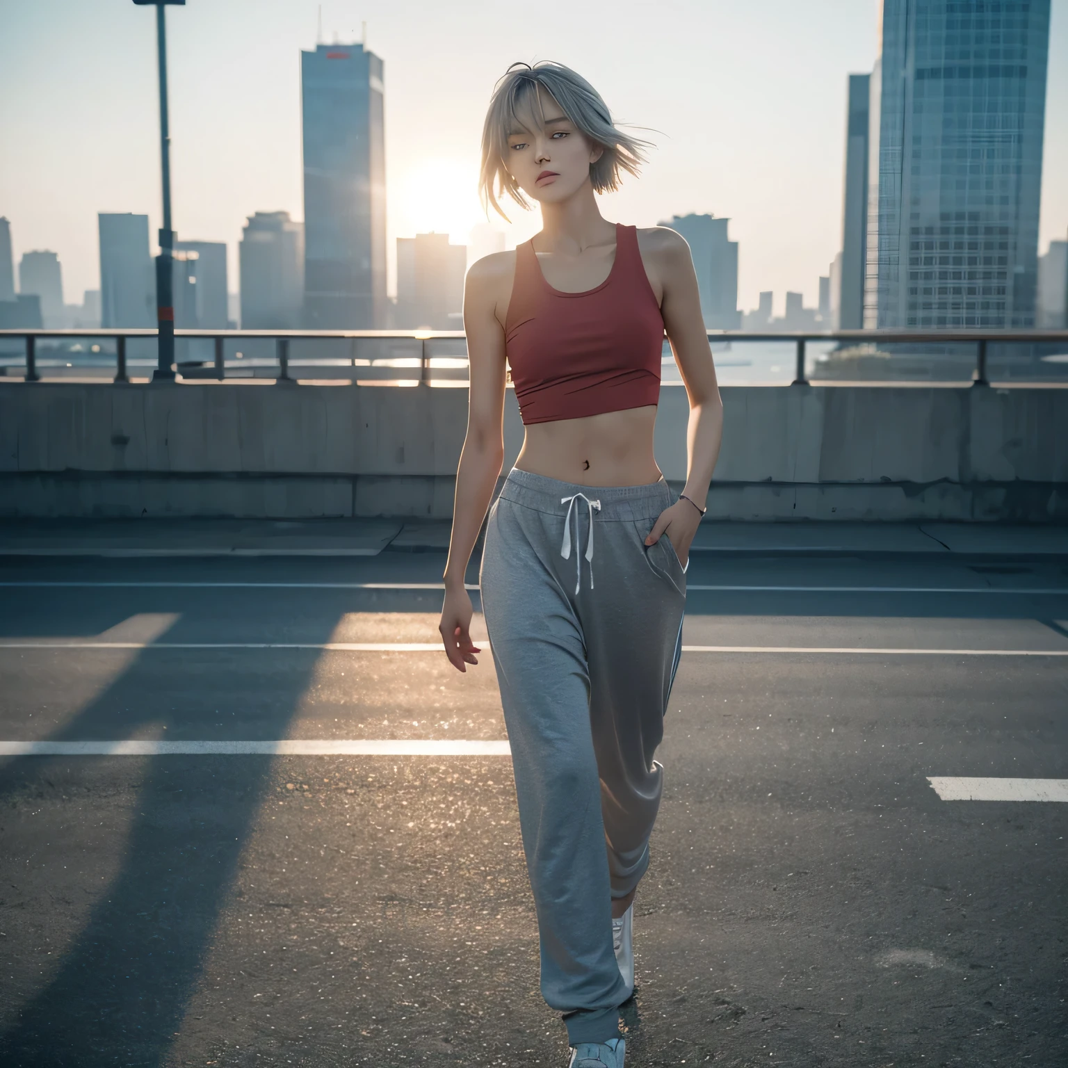 Short and messy boy band member with gray hair, Red Eyes, Close-up photos, Reality, Wear a tank top and jogging bottoms, Solid Color, futuristic city, Dynamic camera angles, Full body beauty anime style, Clean and delicate face, Complex clothes, analogous colors, Bright shadows, Beautiful gradient, Depth of Field, Hair Light, Clear images, high quality, High Detail, HD, Luminous Studio graphics engine, Pretty Face, Slim waist,