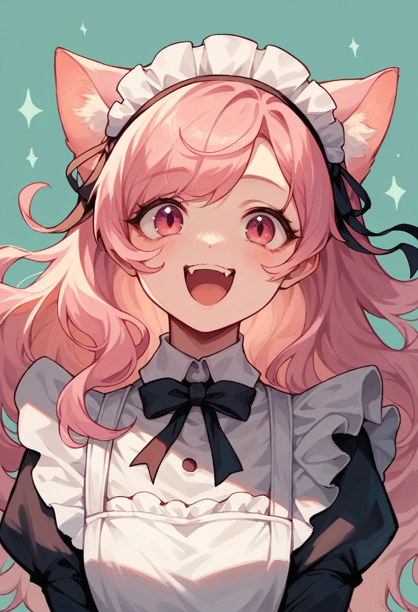 Girl cute,eyes Pink,hair white long wavy messy,face happy,maid clothe,cute ears cat Black 